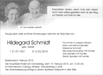 Traueranzeige von Hildegard Schmidt von Neue Presse Coburg