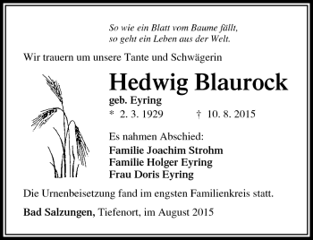 Traueranzeige von Hedwig Blaurock von Südthüringer Presse