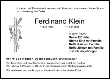 Traueranzeige von Ferdinand Klein von Neue Presse Coburg