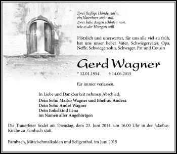 Traueranzeige von Gerd Wagner von Südthüringer Presse