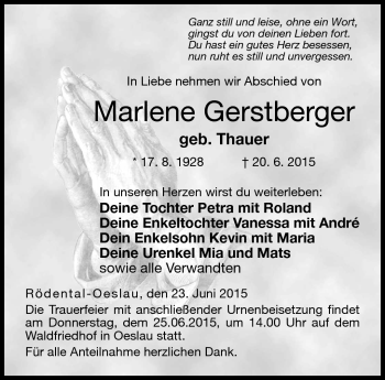 Traueranzeige von Marlene Gerstberger von Neue Presse Coburg