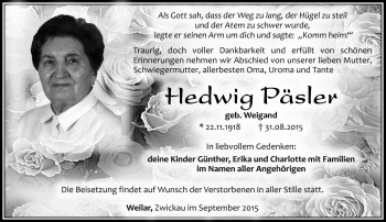 Traueranzeige von Hedwig Päsler von Südthüringer Presse