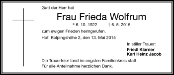 Traueranzeige von Frieda Wolfraum von Frankenpost