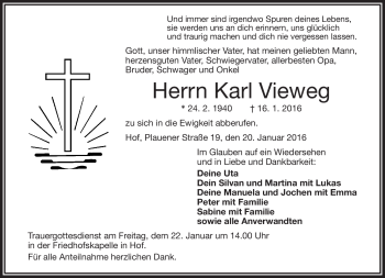 Traueranzeige von Karl Vieweg von Frankenpost