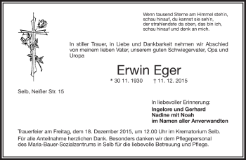 Traueranzeige von Erwin Eger von Frankenpost