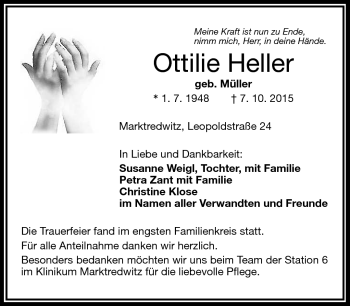 Traueranzeige von Ottilie Heller von Frankenpost