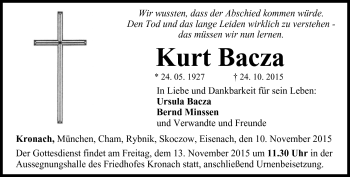 Traueranzeige von Kurt Bacza von Neue Presse Coburg