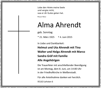 Traueranzeige von Alma Ahrendt von Frankenpost