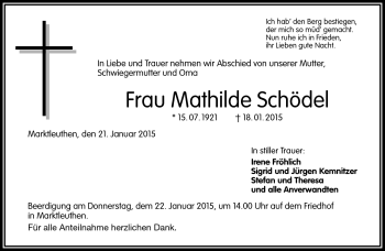 Traueranzeige von Mathilde Schödel von Frankenpost