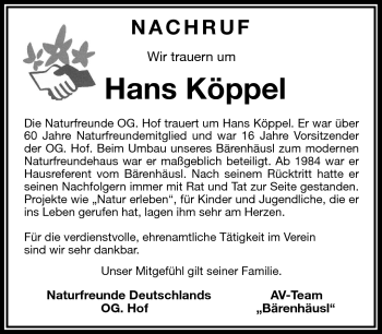 Traueranzeige von Hans Köppel von Frankenpost