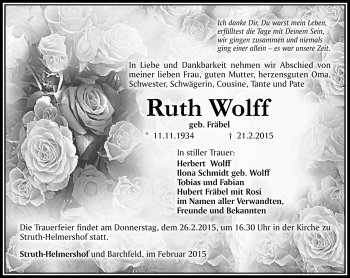 Traueranzeige von Ruth Wolf von Südthüringer Presse