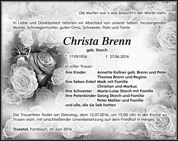 Traueranzeige von Christa Brenn von Südthüringer Presse