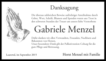 Traueranzeige von Gabriele Menzel von Neue Presse Coburg