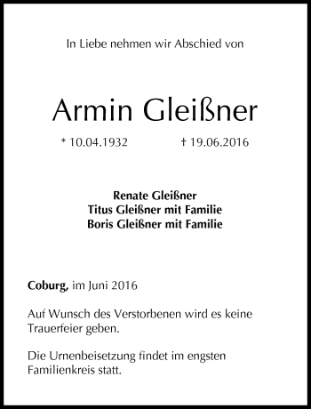 Traueranzeige von Armin Gleißner von Neue Presse Coburg