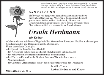 Traueranzeige von Ursula Herdmann von Südthüringer Presse