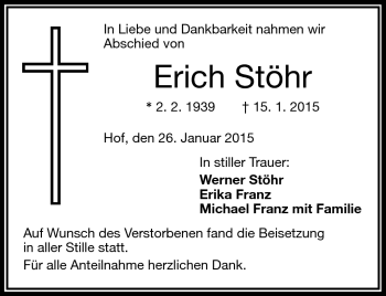 Traueranzeige von Erich Stöhr von Frankenpost