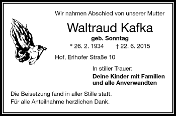 Traueranzeige von Waltraud Kafka von Frankenpost