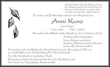 Traueranzeige von Anni Kunz von Frankenpost