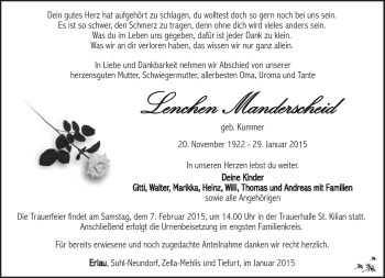 Traueranzeige von Lenchen Manderscheidt von Südthüringer Presse