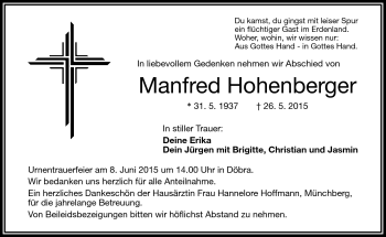 Traueranzeige von Manfred Hohenberg von Frankenpost