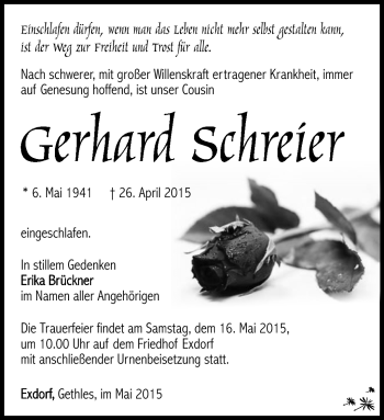 Traueranzeige von Gerhard Schreier von Südthüringer Presse