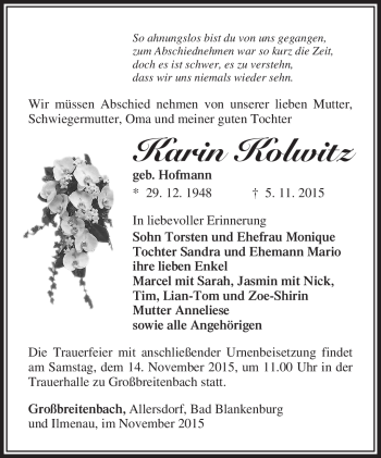 Traueranzeige von Karin Kollwitz von Südthüringer Presse