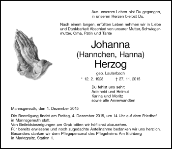 Traueranzeige von Johanna Herzog von Neue Presse Coburg