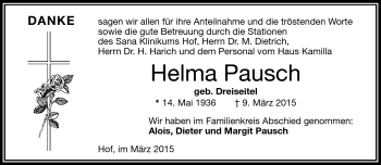 Traueranzeige von Helma Pausch von Frankenpost
