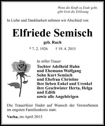 Traueranzeige von Elfriede Semisch von Südthüringer Presse
