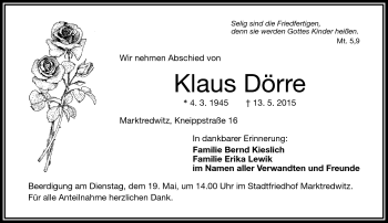Traueranzeige von Klaus Dörre von Frankenpost