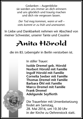 Traueranzeige von Anita Hörold von Südthüringer Presse