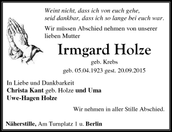 Traueranzeige von Irmgard Holze von Südthüringer Presse