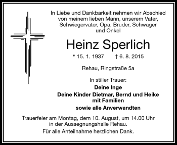 Traueranzeige von Heinz Sperlich von Frankenpost