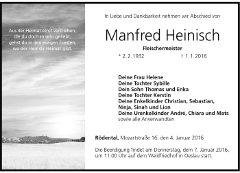 Traueranzeige von Manfred Heinisch von Neue Presse Coburg