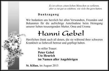 Traueranzeige von Hanni Gebel von Südthüringer Presse