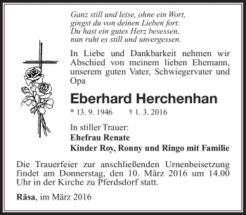 Traueranzeige von Eberhard Herchenhan von Südthüringer Presse