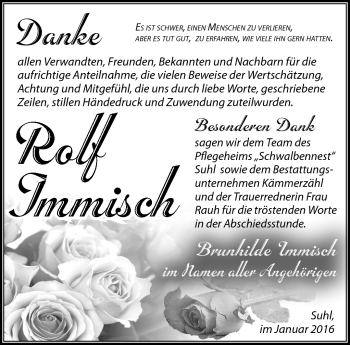 Traueranzeige von Rolf Immisch von Südthüringer Presse