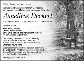Traueranzeige von Anneliese Deckert von Südthüringer Presse