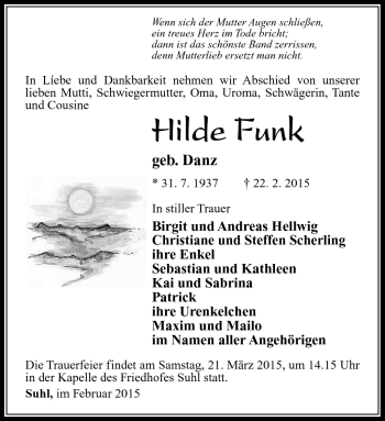 Traueranzeige von Hilde Funk von Südthüringer Presse