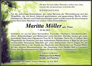 Traueranzeige von Maritta Möller von Südthüringer Presse