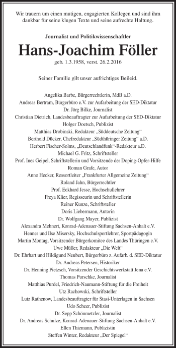 Traueranzeige von Hans-Joachim Föller von Südthüringer Presse