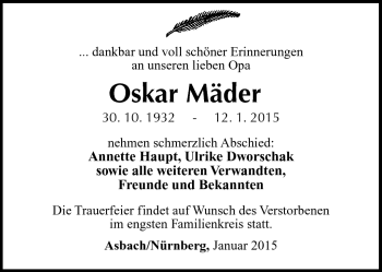 Traueranzeige von Oskar Mäder von Südthüringer Presse