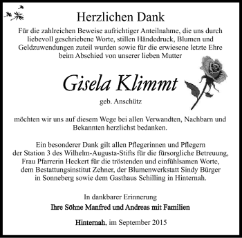 Traueranzeige von Gisela Klimmt von Südthüringer Presse