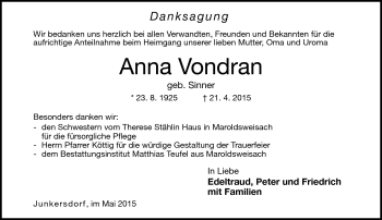 Traueranzeige von Anna Vondran von Neue Presse Coburg
