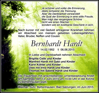 Traueranzeige von Bernhardt Hardt von Südthüringer Presse