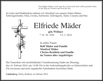 Traueranzeige von Elfriede Mäder von Südthüringer Presse