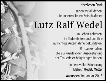 Traueranzeige von Lutz Wedel von Südthüringer Presse