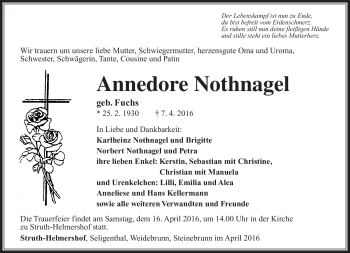 Traueranzeige von Anndedore Nothnagel von Südthüringer Presse