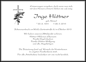 Traueranzeige von Inge Hüttner von Frankenpost