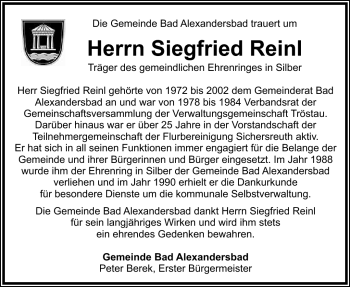 Traueranzeige von Siegfried Reinl von Frankenpost